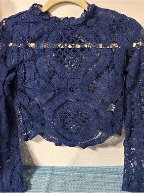 Crochet Lace Long-Sleeve Crop Top - Deep Blue